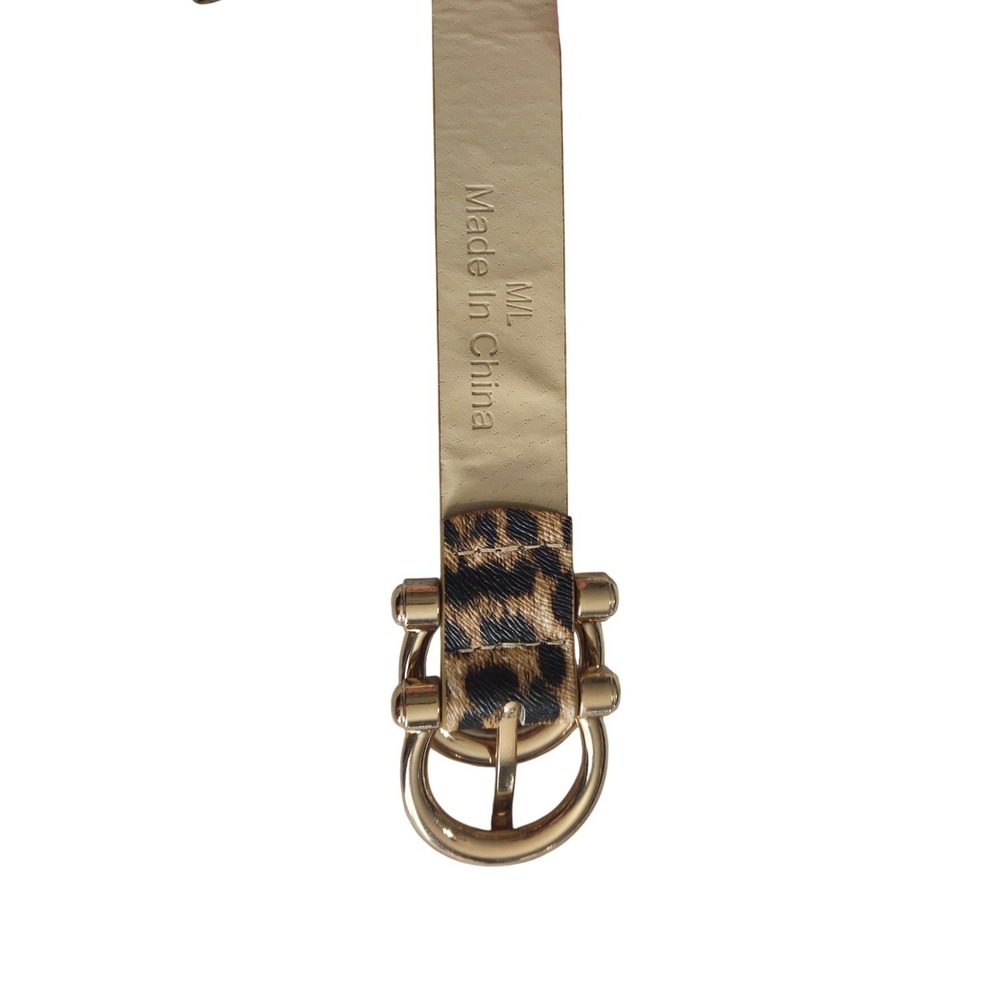 Womens Leopard Print Slim Belt Gold Double Ring Buckle Size M/L Animal Print - Picture 3 of 4